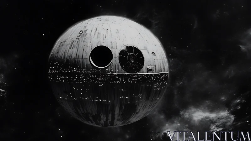 Monolithic battle station looms in deep space silence