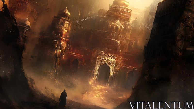 Wanderer approaches colossal sunlit desert citadel gate.