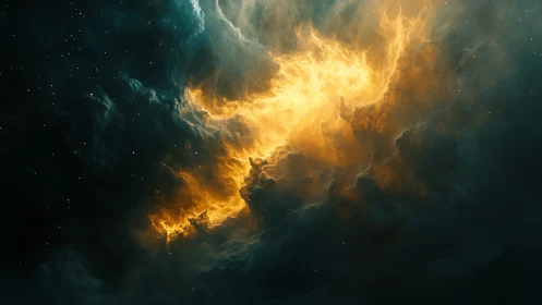 Fiery cosmic nebula ignites amid deep teal star fields