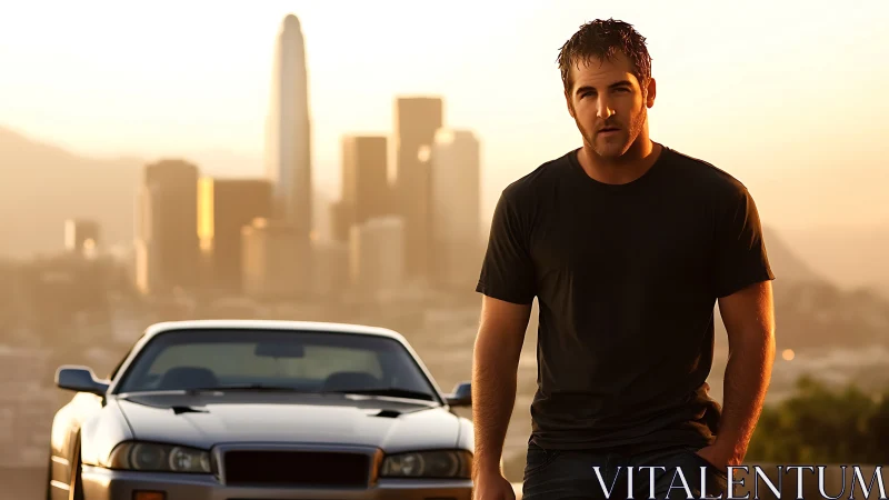 Sunlit urban portrait with sports car at golden hour skyline.