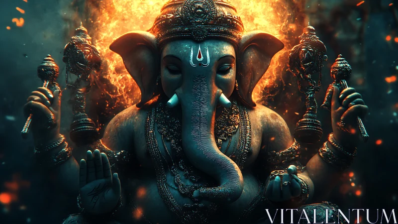 Flaming divine Ganesha idol in dramatic cinematic lighting.