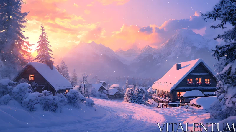 Snowy alpine village glows under radiant winter sunset.