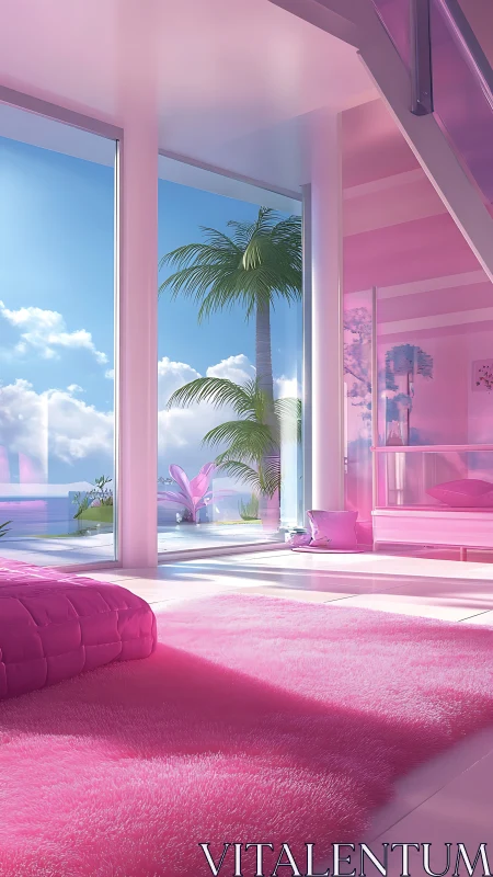 Sunlit pink loft bedroom with oceanview glazing and soft textiles