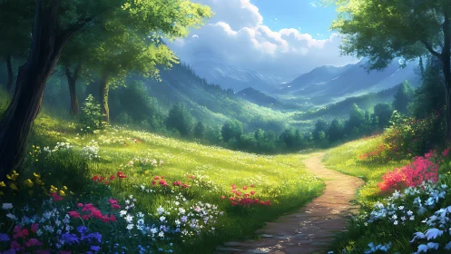 Sunlit meadow path wandering toward whispering mountains.