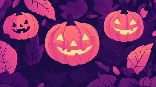 Glowing jack o&rsquo;lantern friends lighting a cozy leaf patch.