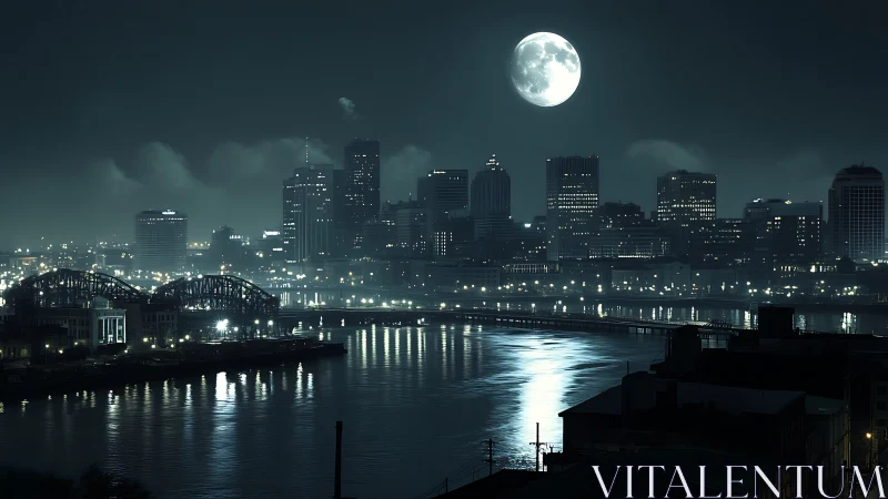 Full moon illuminates reflective river beside dense city skyline