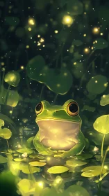 Glow-lit green frog amid luminous firefly pondscape.