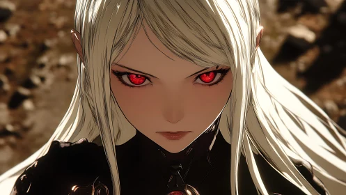 Scarlet-eyed warrior in luminous anime close-up portrait.