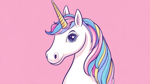 White unicorn portrait shows pastel rainbow mane on pink