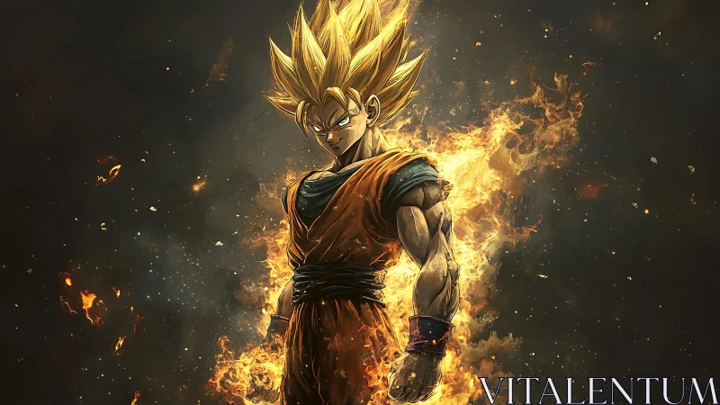 Golden haired warrior in orange gi amid surrounding flames.