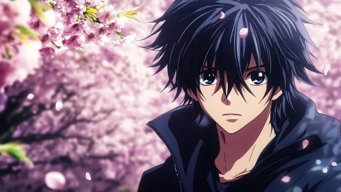 Melancholic anime boy stands beneath drifting cherry blossoms