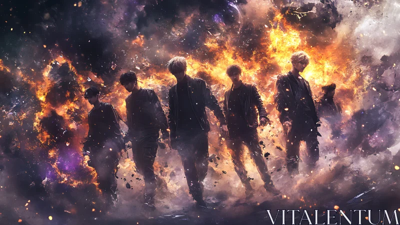 Silhouetted group walking through fiery cosmic blast.