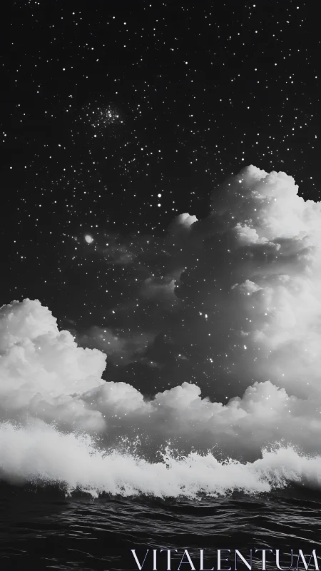 Monochrome ocean waves under dense clouds and stars.