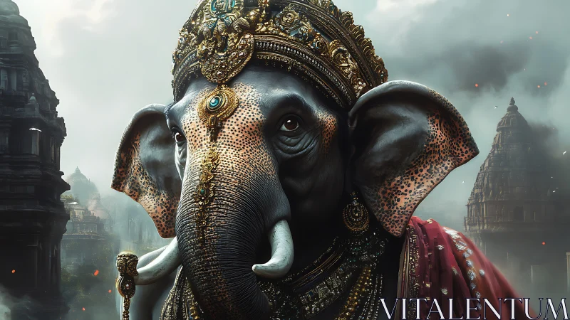 Regal elephant deity portrait with ornate temple backdrop.