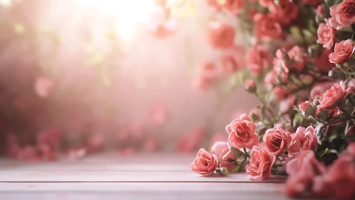 Soft-Focus Rose Garden with Warm Backlighting and Wooden Surface Base.