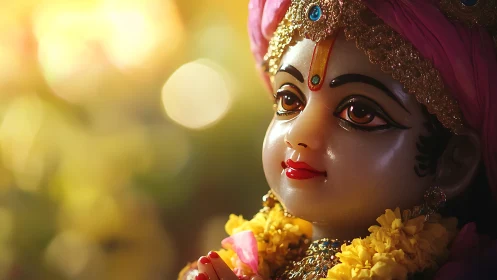 Devotional deity statue glows under warm golden bokeh light