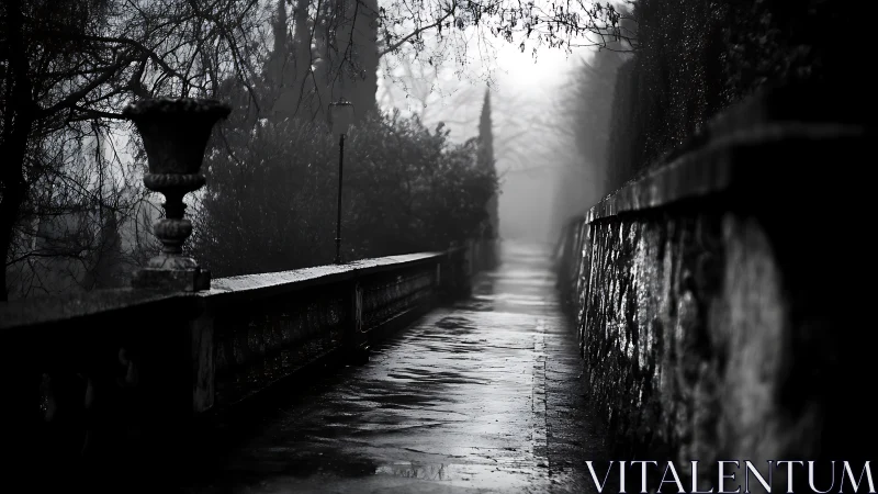 Fog-drenched stone walkway slipping into monochrome silence.