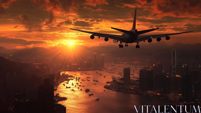 Passenger jet landing over harbor city at vivid sunset.