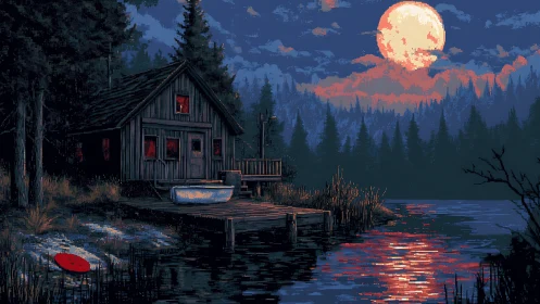Lakeside cabin under full moonlight in pixelated night scene