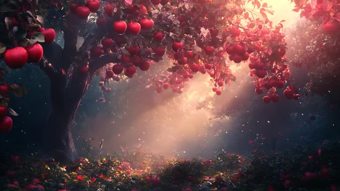 Red apple tree under warm sunbeams in quiet forest grove.