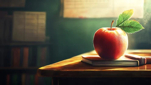 Red apple on school desk in warm classroom light.