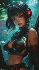 Cybernetic jungle warrior stands alert in neon-lit foliage.