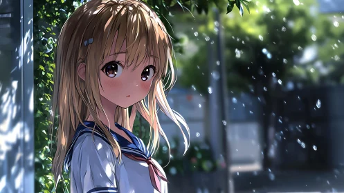 Melancholic schoolgirl pauses under soft shimmering rain.