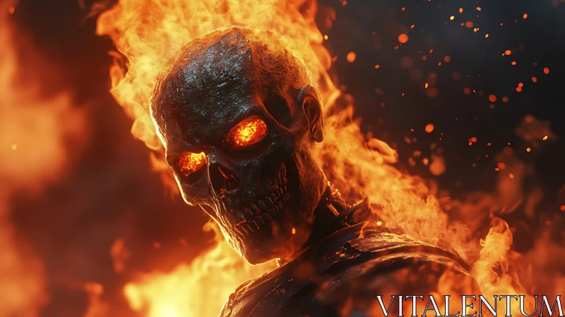 Incandescent flaming skull portrait with molten ocular cores.