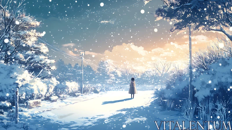 Quiet winter walk toward a softly glowing sunset sky.