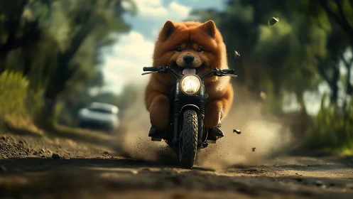 Fluffy dog rides vintage motorcycle along sunlit dirt road