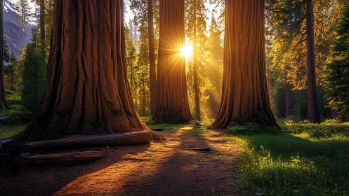 Giant Sequoia Grove with Directional Sunbeam: Golden Hour Backlighting Through Ancient Conifers