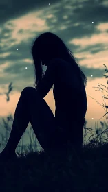 Silhouette girl sits in twilight field under glowing sky.