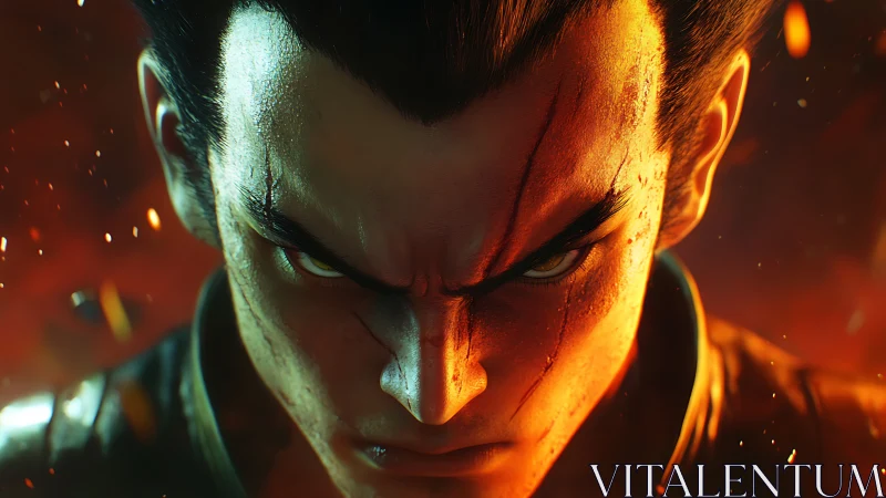 Fierce warrior gaze framed by sparks and molten light.