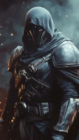 Mysterious armored wanderer in a storm of glowing embers.