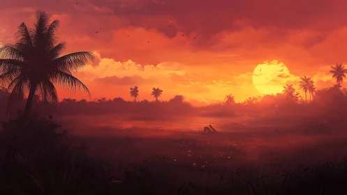 Backlit tropical marsh sunset renders atmospheric depth