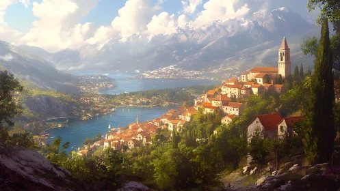 Mediterranean terraced hillside town above alpine fjord bay