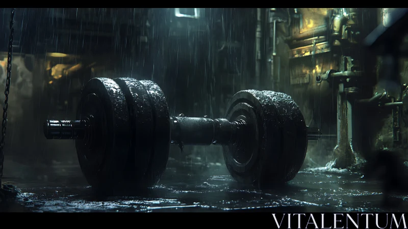 Cinematic photoreal barbell in rain-soaked industrial setpiece.