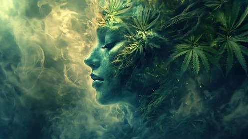 Surreal green female face merged with cannabis leaves.