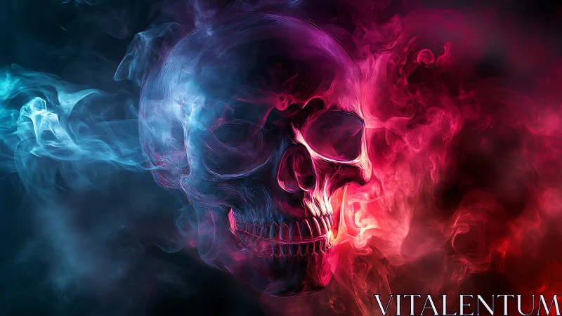 Human skull rendered in vivid red and blue translucent smoke