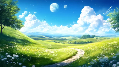 Sunlit grassy valley with stone path under twin moons