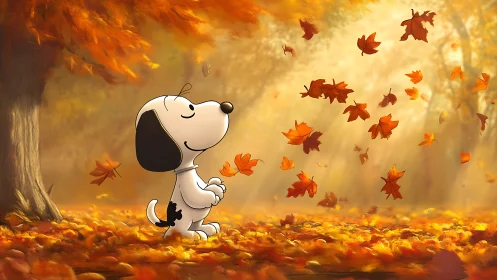 Cartoon beagle walking through golden autumn forest leaves