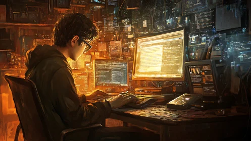 Midnight code alchemist crafting data spells in neon glow.