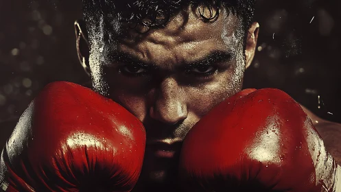Boxer in Red Gloves, Sweat and Determination.