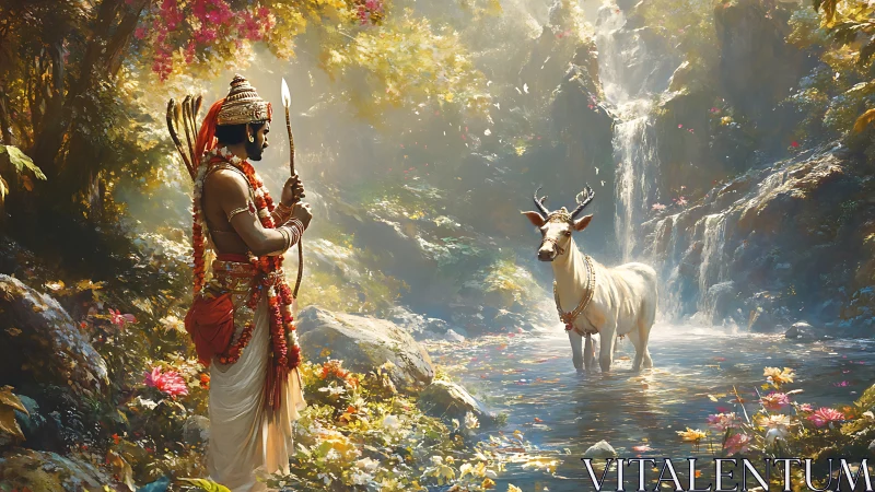 Sacred wanderer meets gentle deer spirit by waterfall.