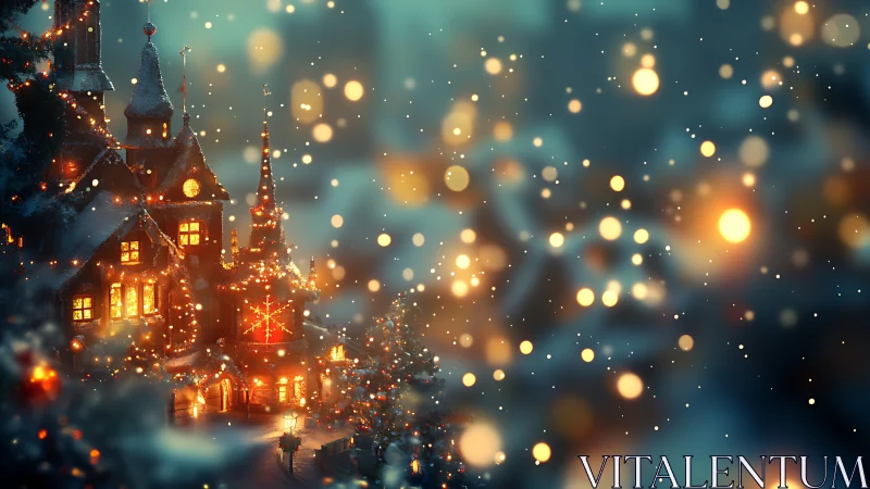 Snow-covered village buildings with warm window lights at night.