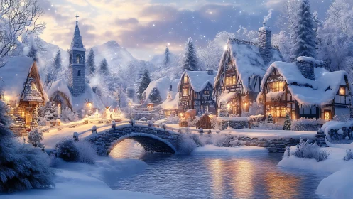 Snow-laden village bridge under warm lantern glow at dusk.