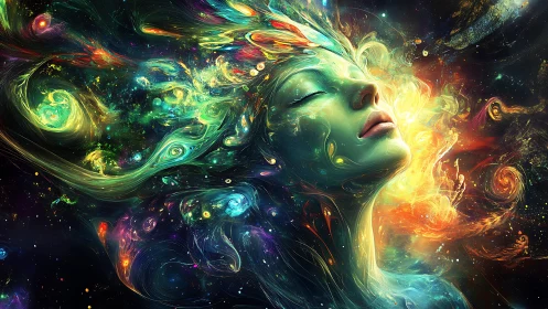 Cosmic dreamer bathed in swirling starlight and color.