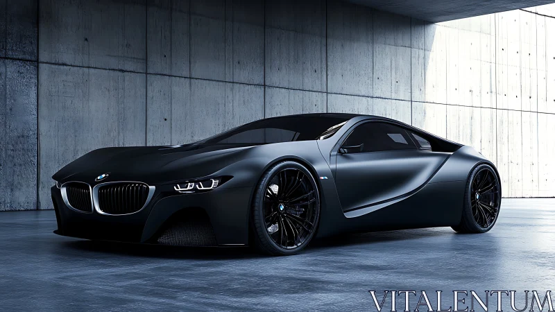 Matte black BMW supercar stands poised in concrete garage.