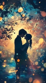 Couple kissing silhouetted against bokeh lights and trees
