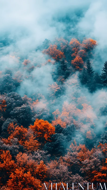 Autumn Forest Canopy Obscured by Dense Fog Layer.